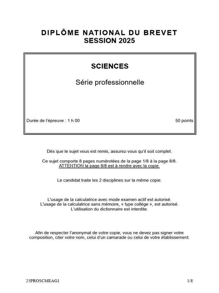 Brevet Pro Sciences 2025 : Épreuve et Sujets | PDF | Polychlorure de ...