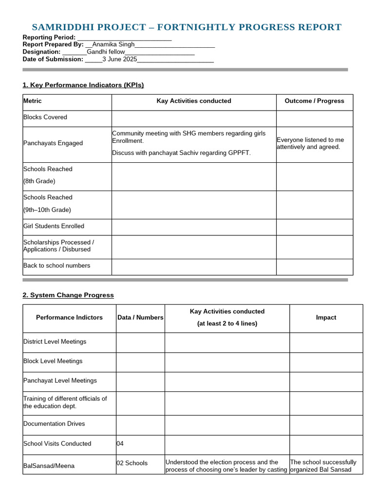 Fortnightly Progress Update - Samriddhi Program Anamika | PDF