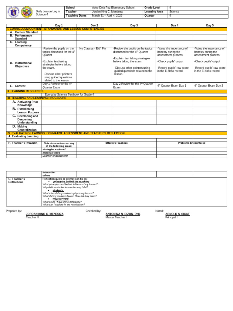 Grade 4 Science Daily Lesson Log | PDF | Educational Assessment | Learning
