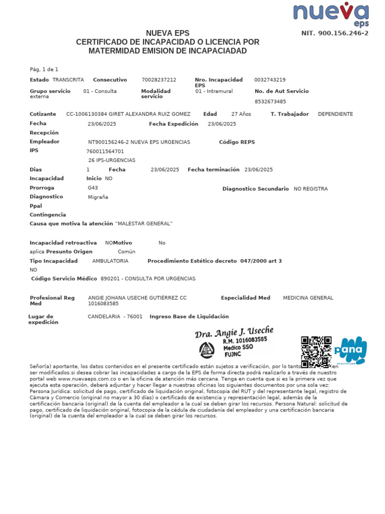 Certificado de Incapacidad Nueva EPS | PDF