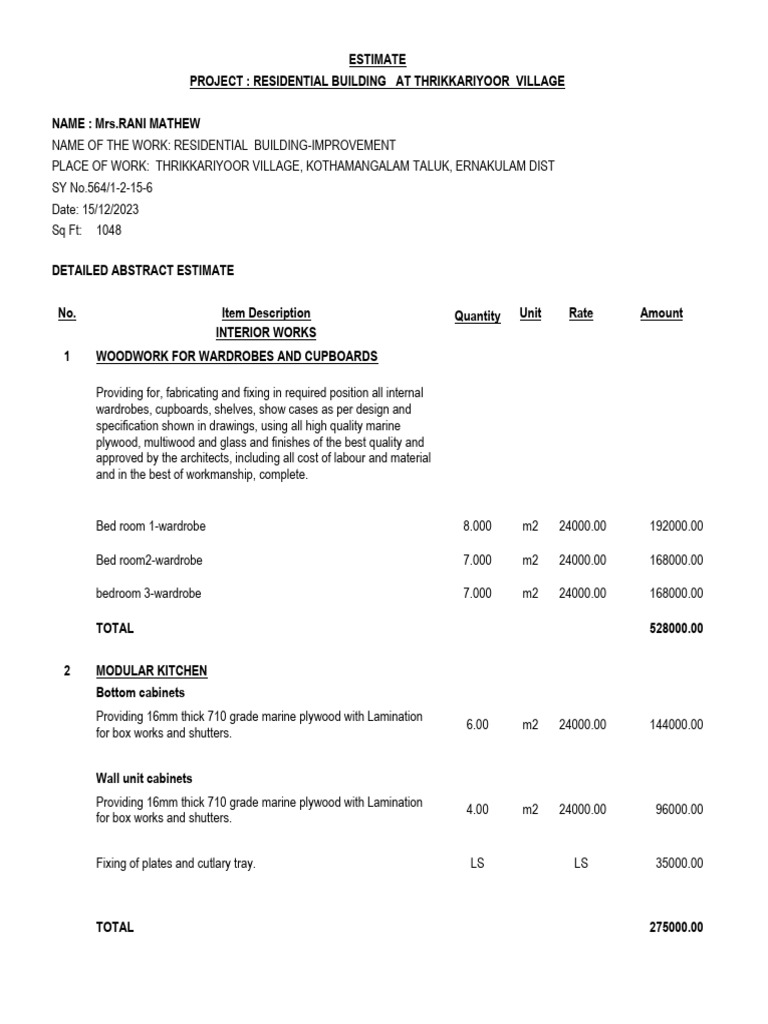 Residential Building Estimate Summary | PDF | Building Engineering ...