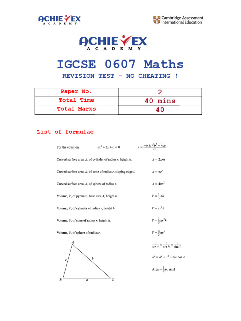 IGCSE 0607 Maths Revision Test Guide | PDF