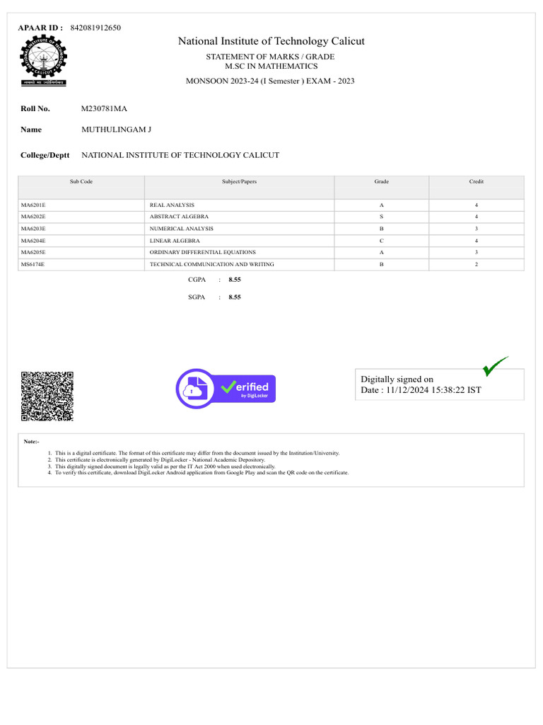 NIT Calicut M.Sc Mathematics Grade Report | PDF | Mathematical Analysis ...