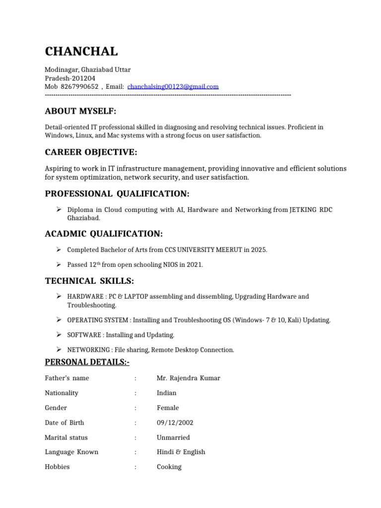 Chanchal Cv Pdf