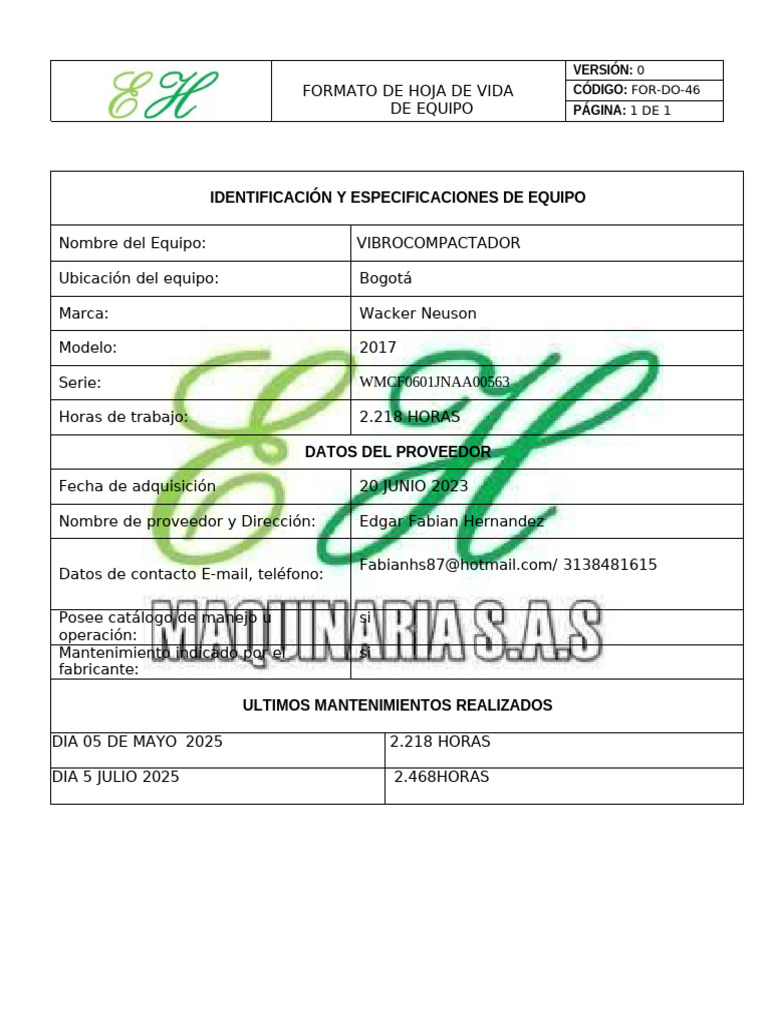 678fc56be8544 Doc. Vibro Wacker Hoja de Vida | PDF