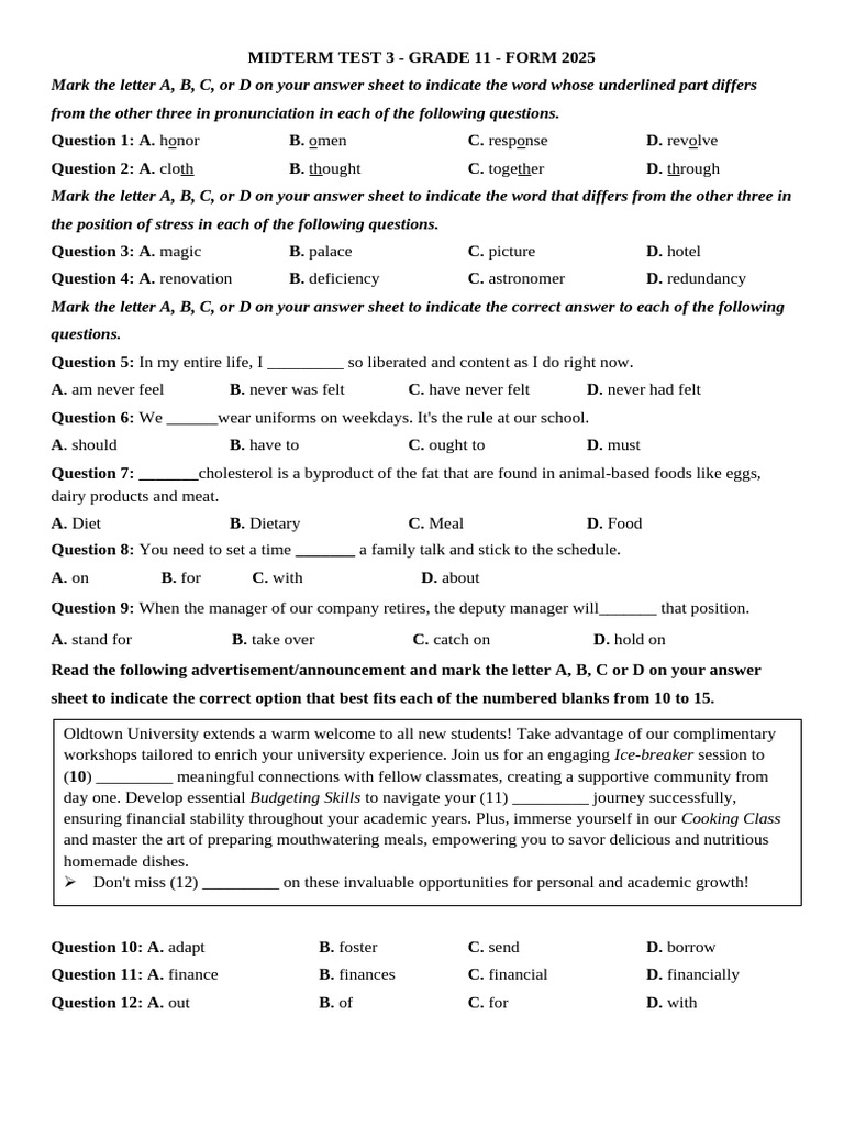Midterm Test 3.Docx Đề 3 Lớp 11 | PDF | American Bison | Bison