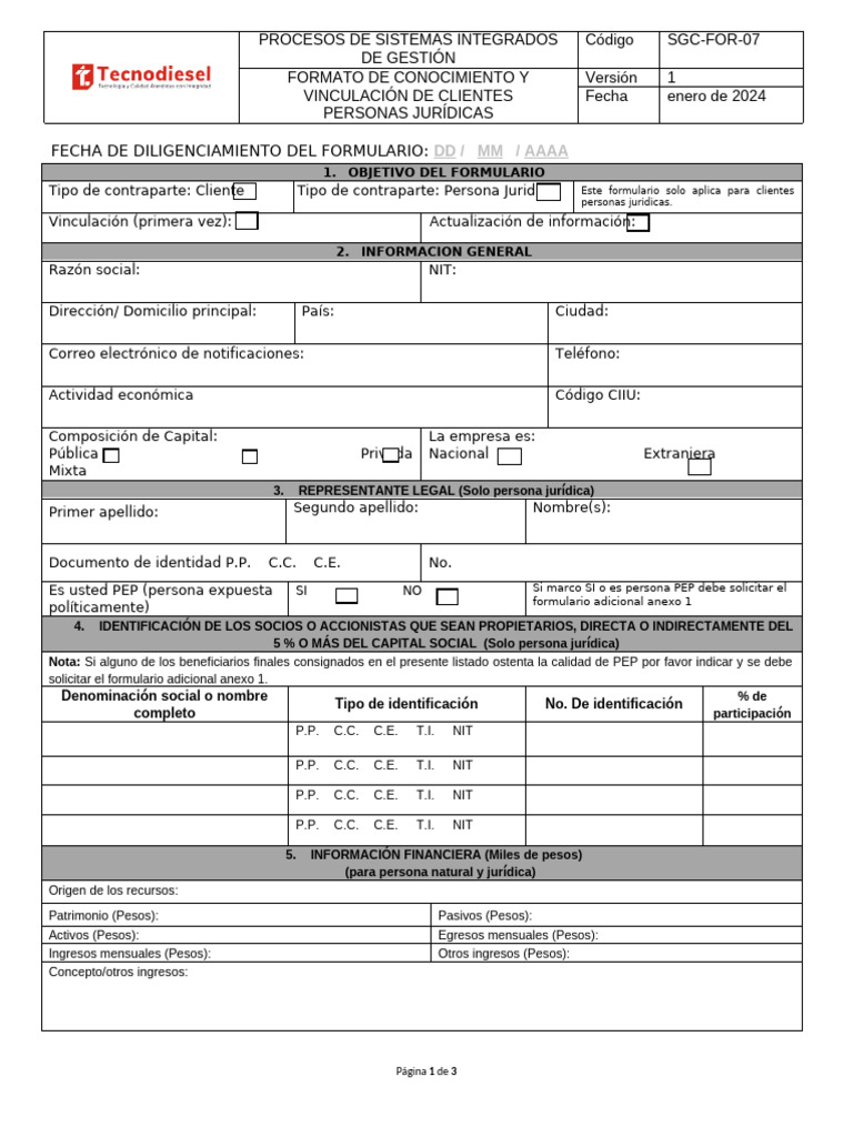 Sgc-For-07. Formulario de Conocimiento de Clientes Personas Juridicas ...