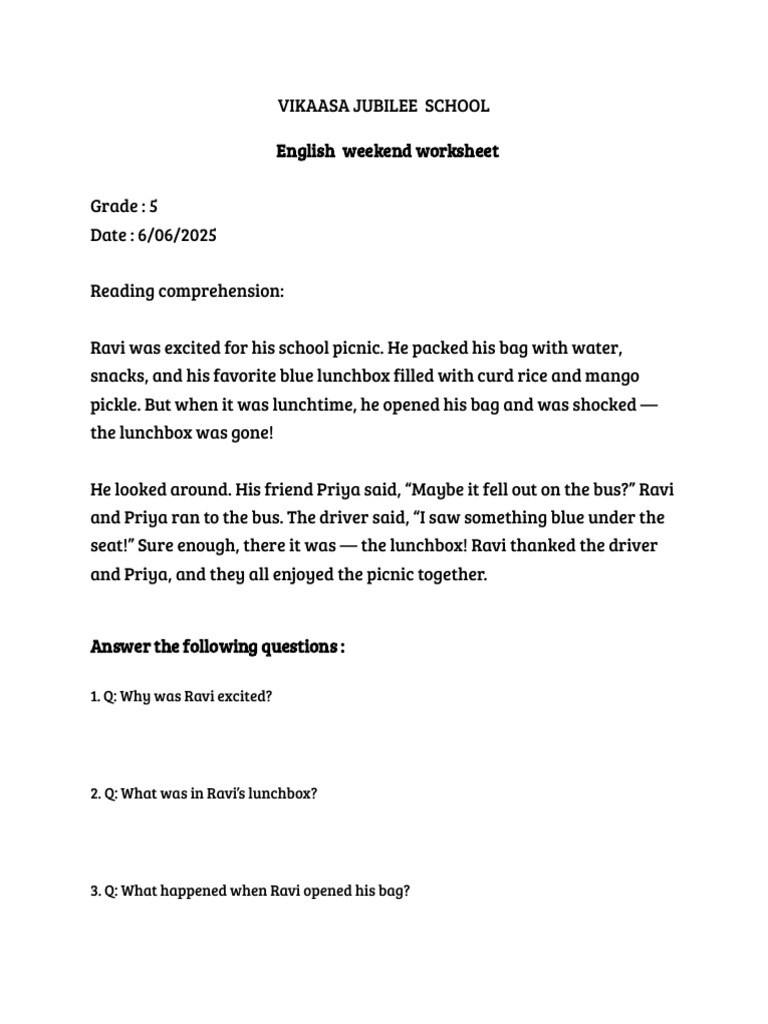 Grade 5 English Weekend Worksheet | PDF