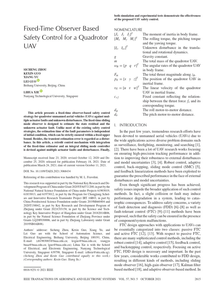 Fixed-Time Safety Control for Quadrotor UAV | PDF | Mathematical Model ...