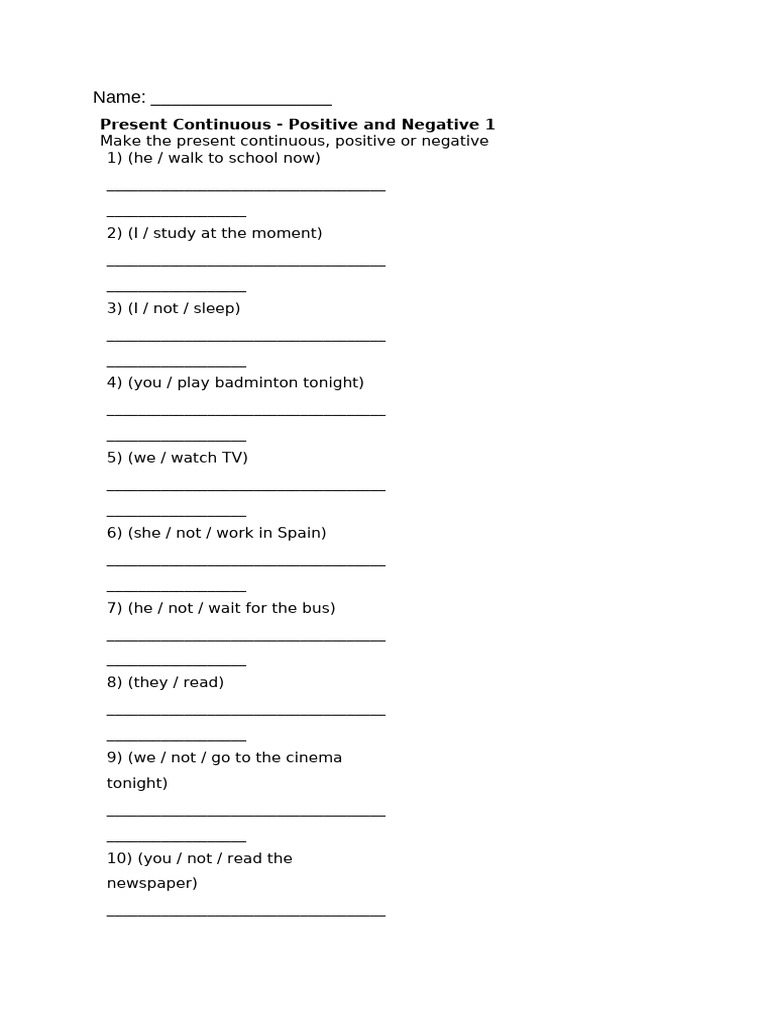 Present Continuous Exercises: Positive & Negative | PDF