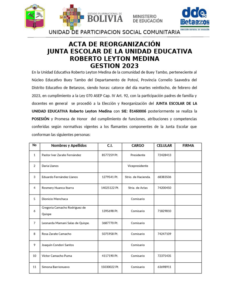 Acta de Reorganización Junta Escolar 2023 | PDF