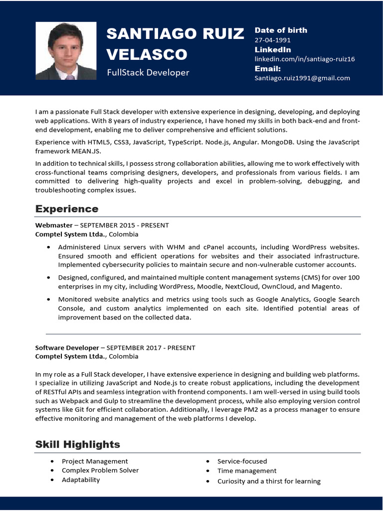 Full Stack Developer Profile: Santiago Ruiz | PDF | Mobile App | Java ...