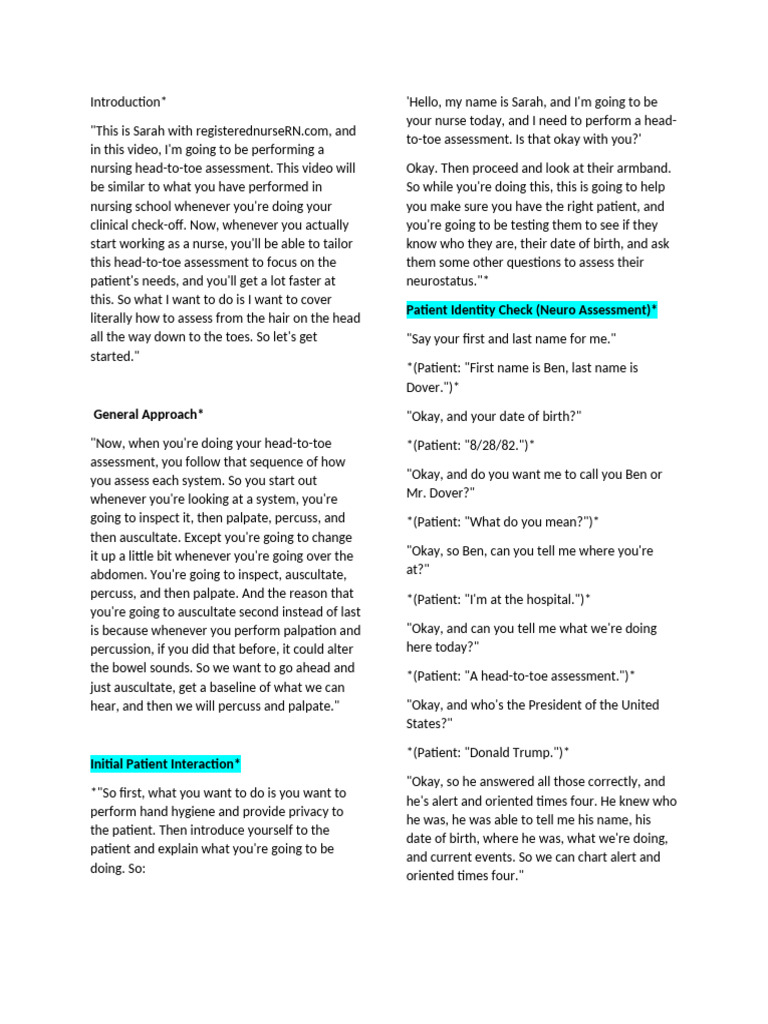 Head To Toe Assessment Script | PDF | Human Nose | Human Anatomy