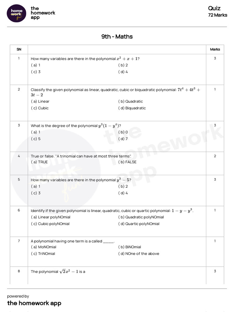 Questions - Quiz - 9th - Maths - 2025-06-24T16 - 57 | PDF | Polynomial ...