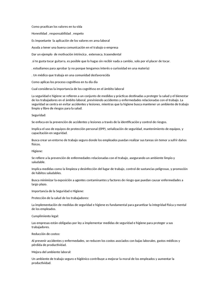Valores y Seguridad en el Trabajo | PDF | Higiene | Valores