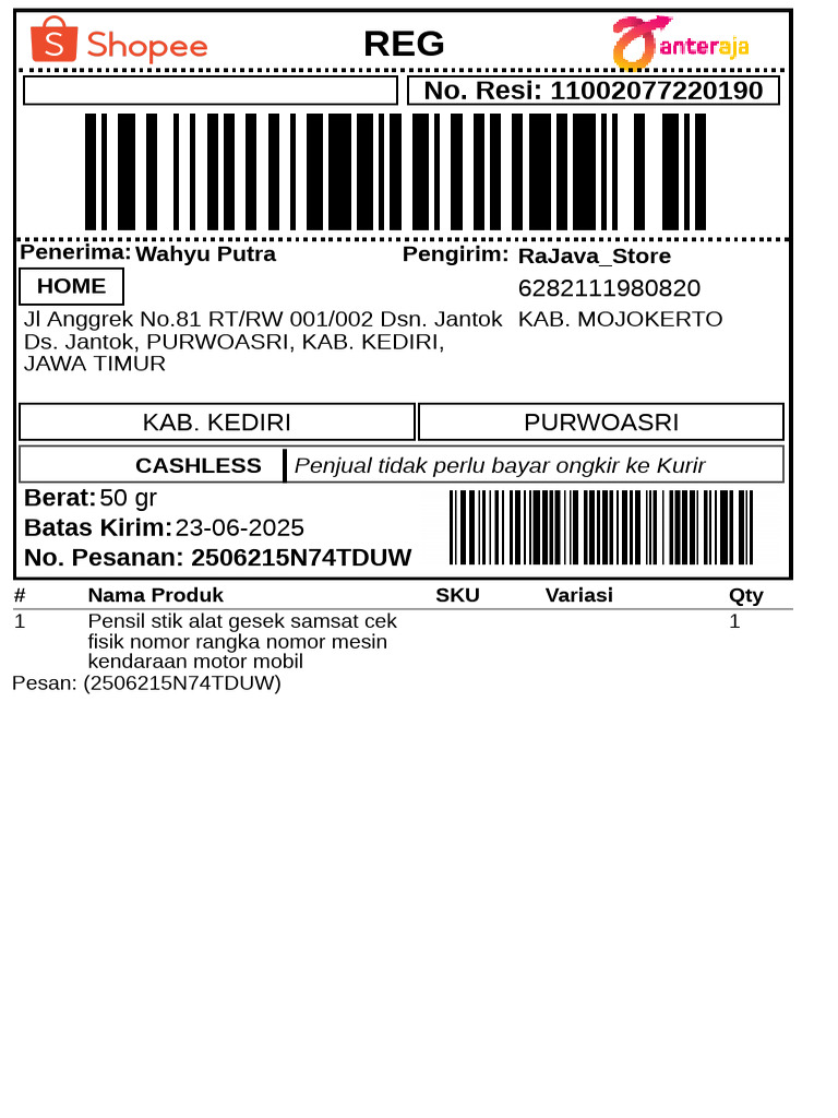 Label Pengiriman - Reguler - 1 | PDF