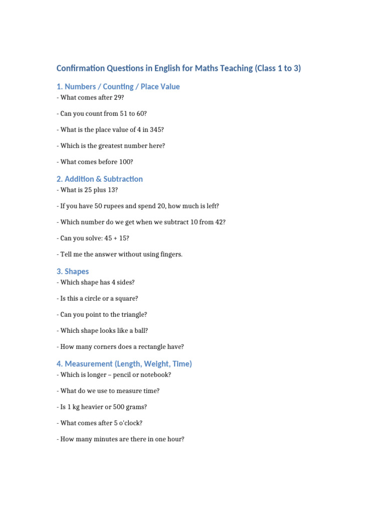Maths Confirmation Questions English Class 1 To 3 | PDF