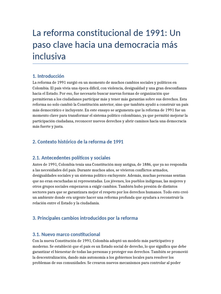 Reforma Constitucional 1991 Ensayo | PDF | Democracia | Ideologías ...