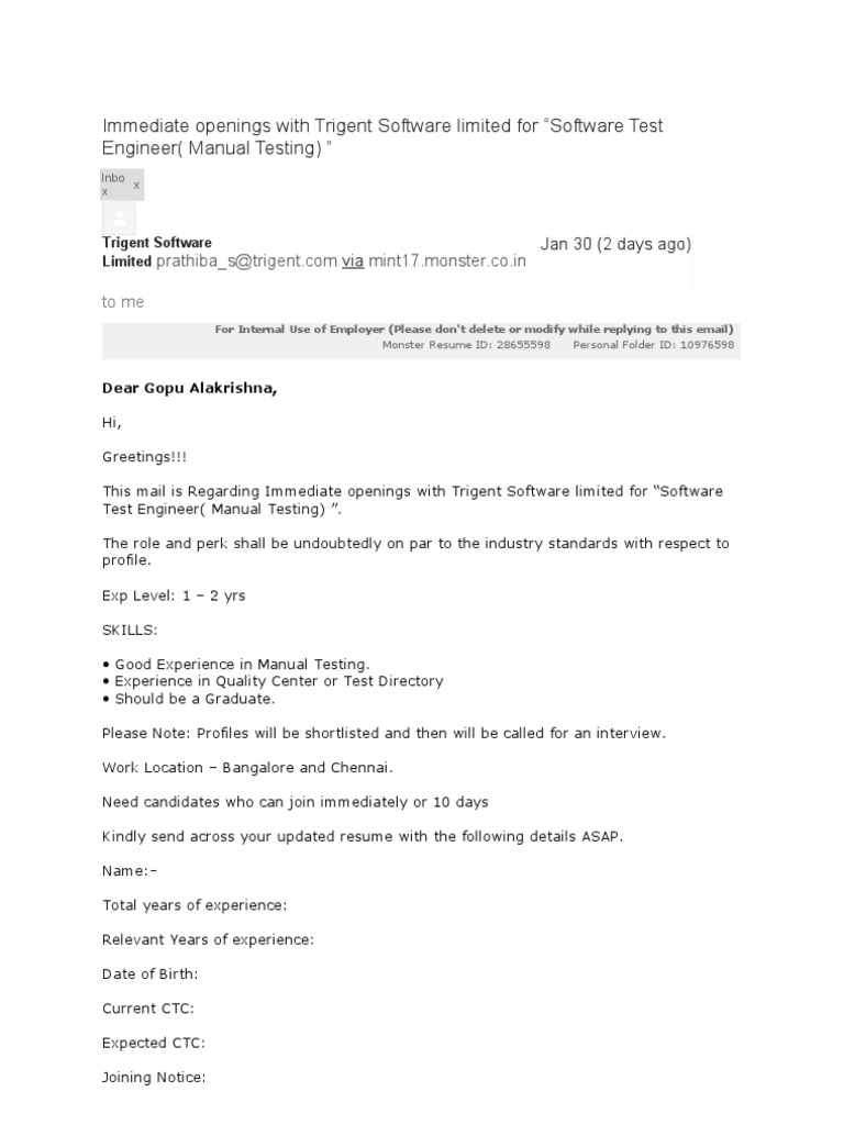 Manual Testing Jobs at Trigent Software | PDF