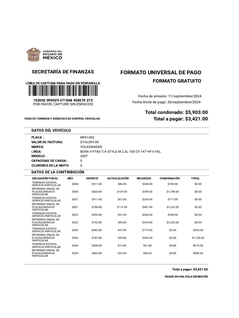 Recibo de Pago de Tenencia - DGR, GEM | PDF | Bancos | Finanzas personales