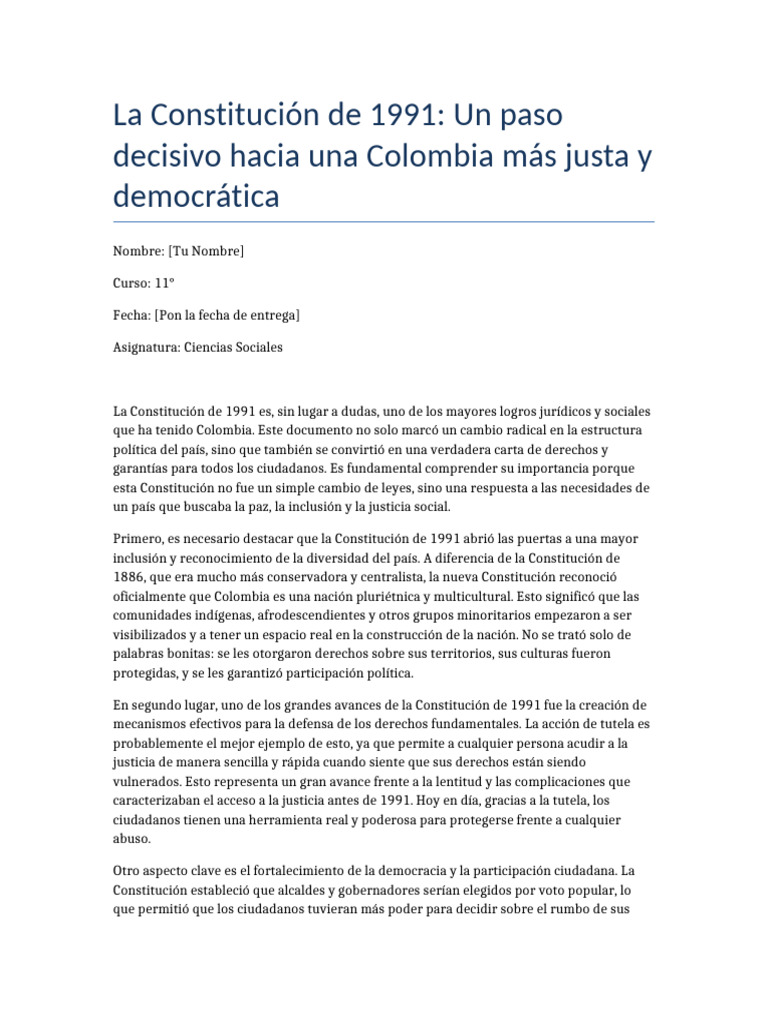 Importancia de la Constitución de 1991 en Colombia | PDF | Constitución ...