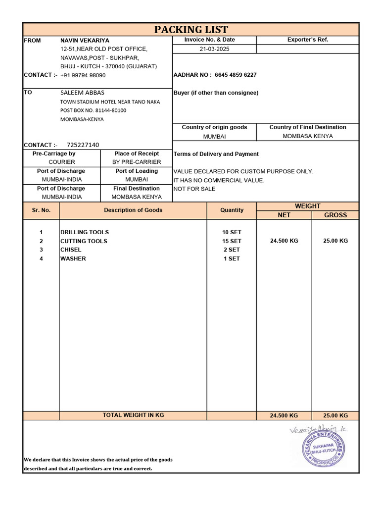 Invoice for Drilling and Cutting Tools | PDF