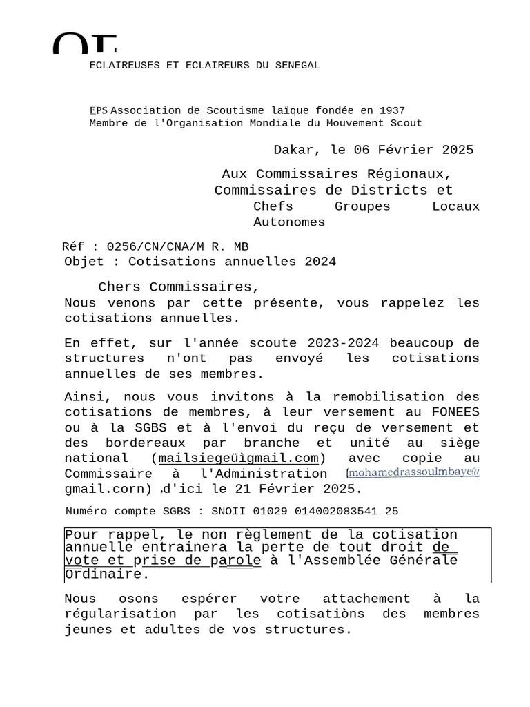 Rappel de cotisations annuelles 2024 | PDF