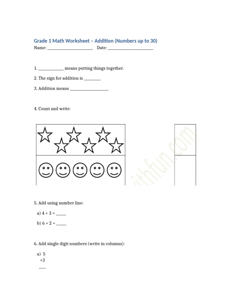 Grade 1 Addition Worksheet (Up to 30) | PDF