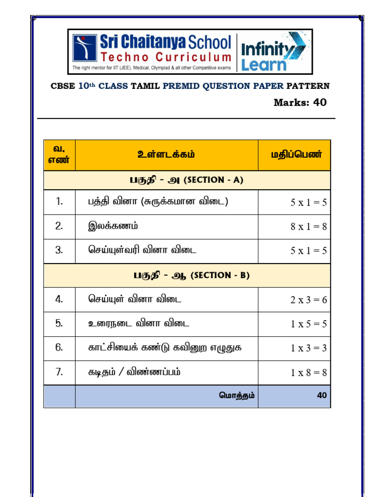 Tamil Class 10 Premid Exam Pattern | PDF