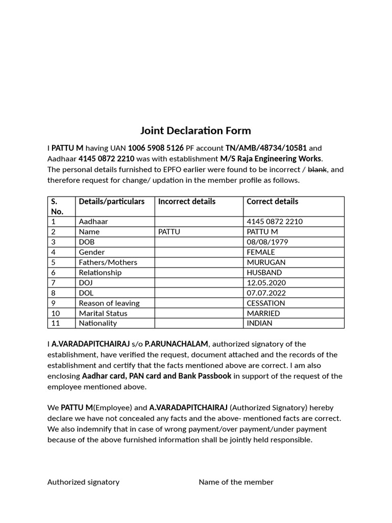 Joint Declaration Form | PDF