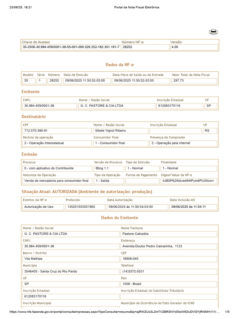 Nota Fiscal Eletrônica G. C. Pastore | PDF | Recibo | Business