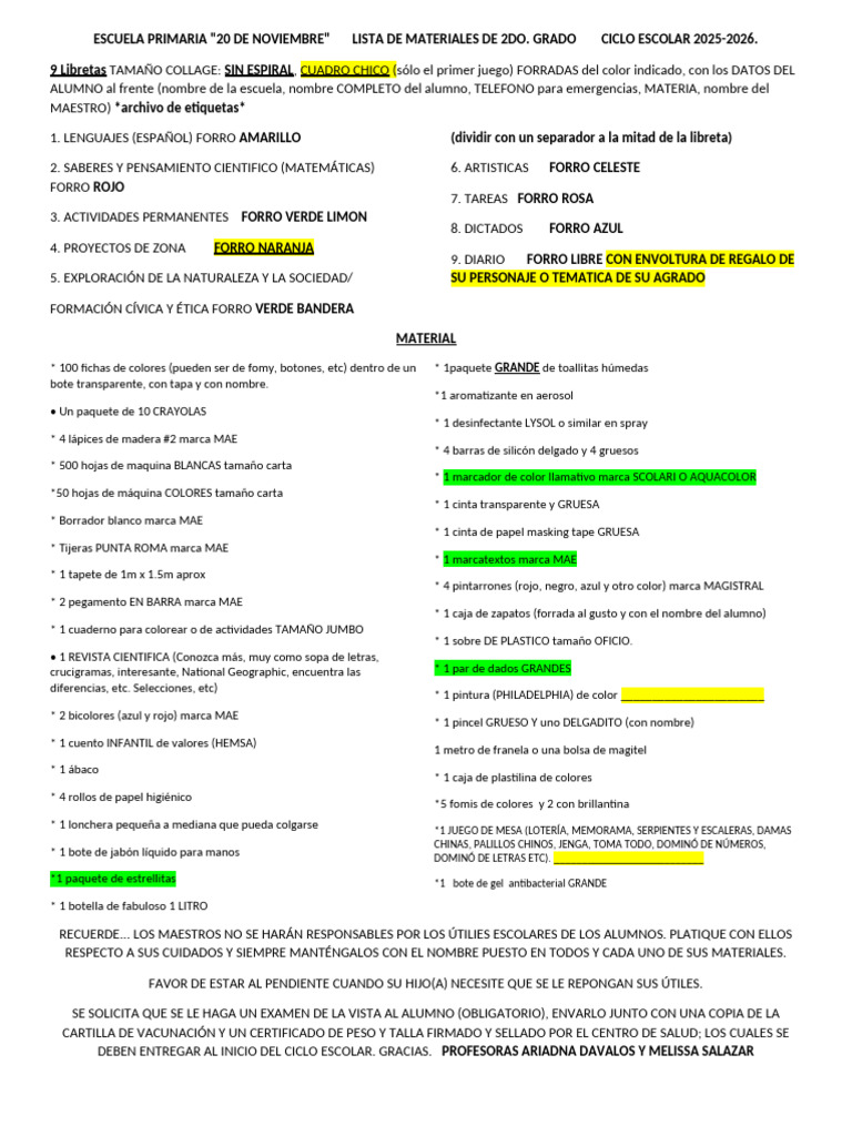Lista de Utiles 2do Grado 2025-2026 | PDF | Color | Tecnicas artisticas