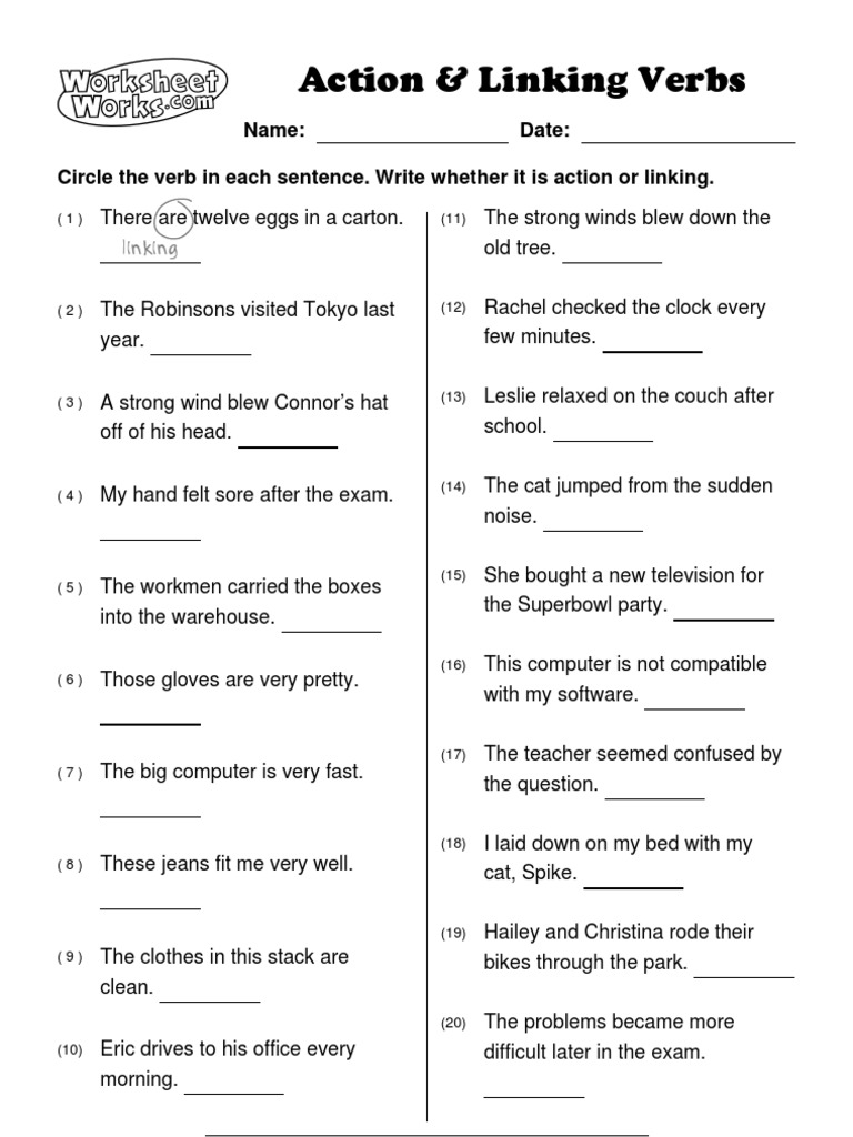 Action Verb Linking Verb Predicate Nominative Worksheet Grade 6