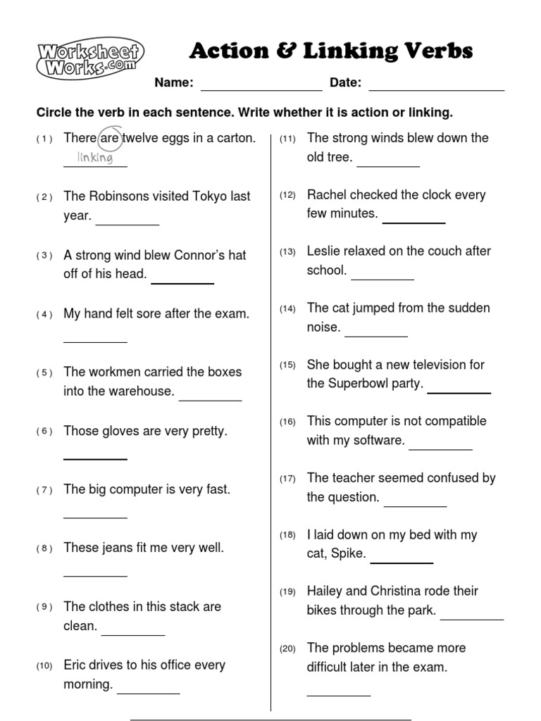 Linking Verb Worksheet 6th Grade