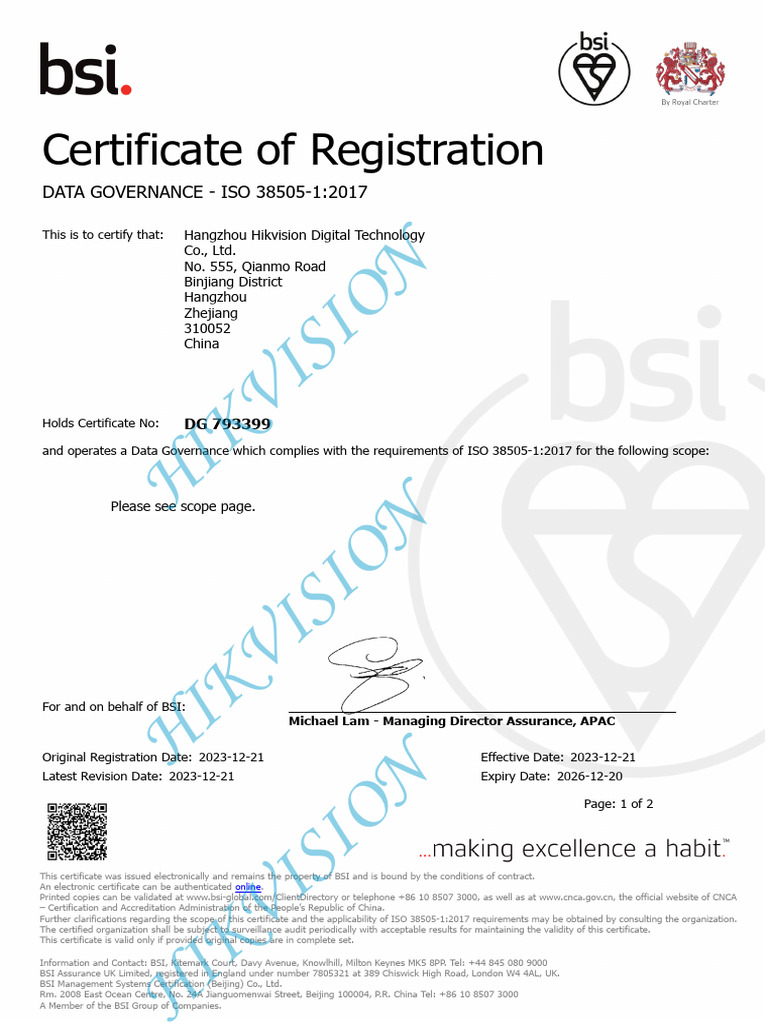Hikvision ISO 38505-1:2017 Certificate | PDF