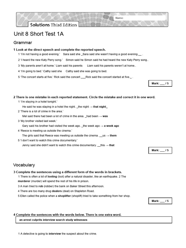 Sol3e Preint U8 Short Test 1a | PDF | Crimes | Crime & Violence