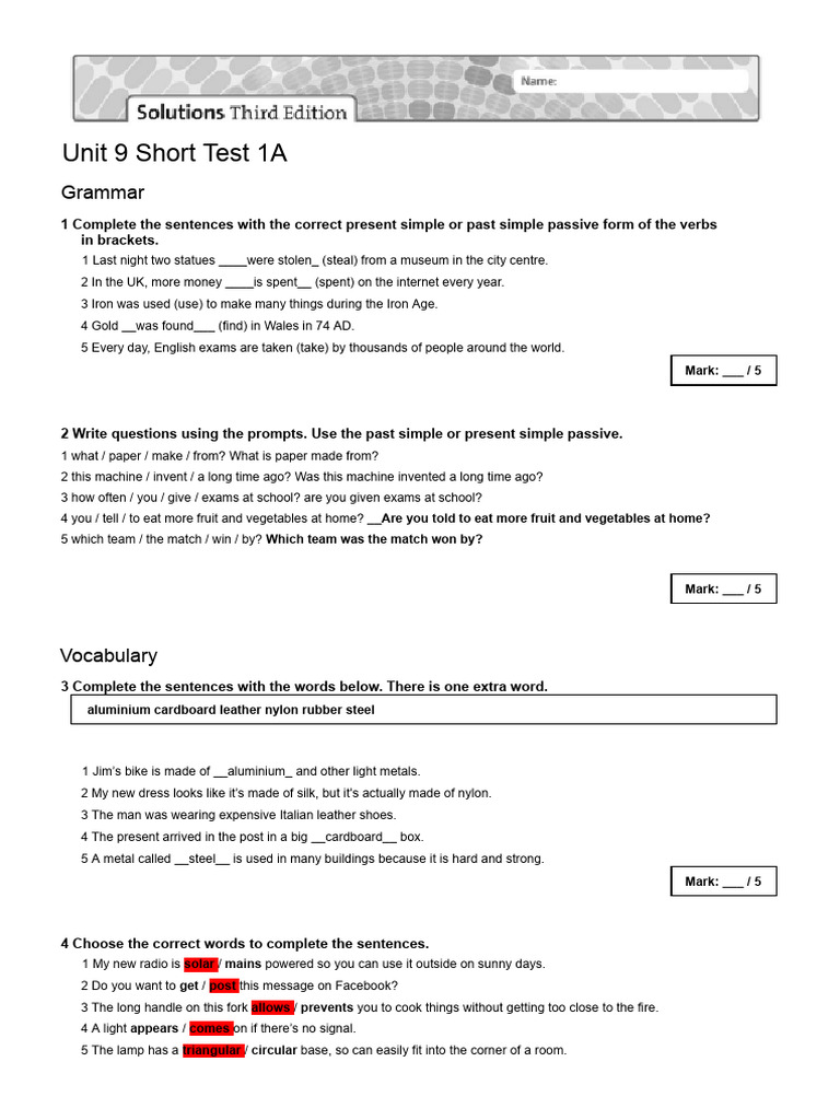 Unit 9 Pre-Intermediate Test 1A | PDF | Linguistics | Grammar