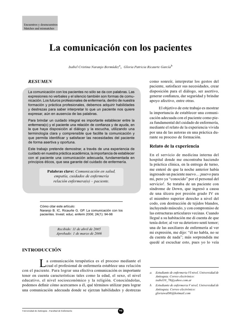 Comunicación Con Los Pacientes Pdf Aparición Comunicación