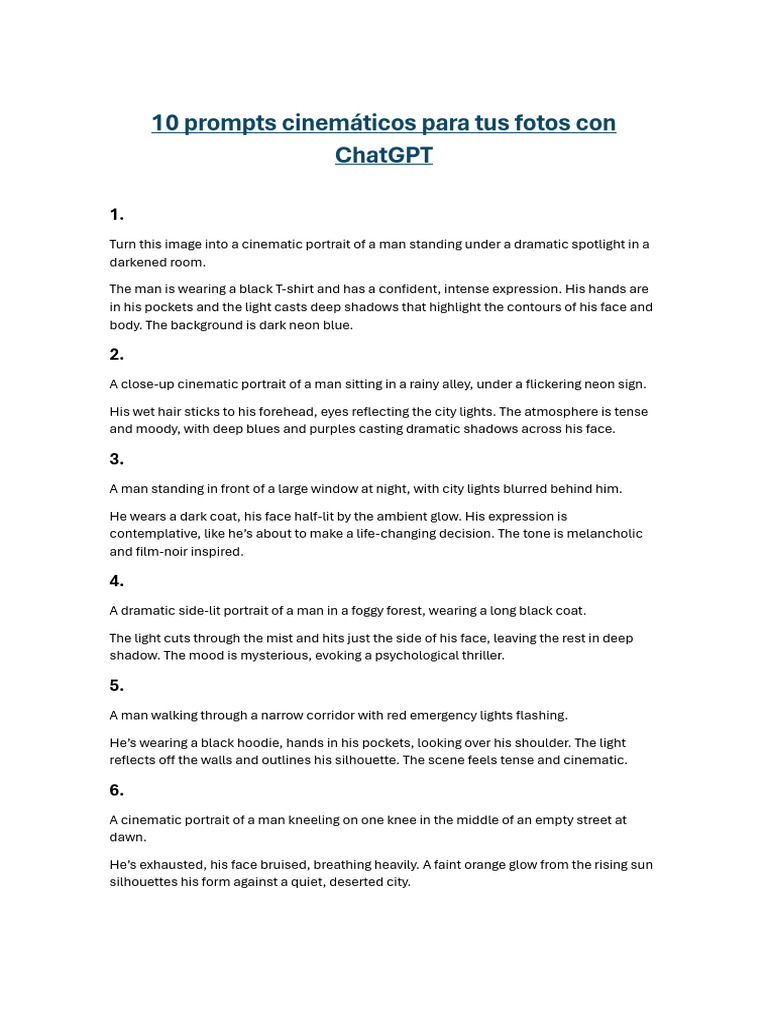 Cinematic Photo Prompts for Men | PDF | Shadow | Light