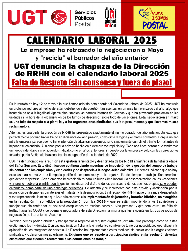 CALENDARIO LABORAL 2025 UGT Denuncia Chapuza de La Dirección de RRHH ...