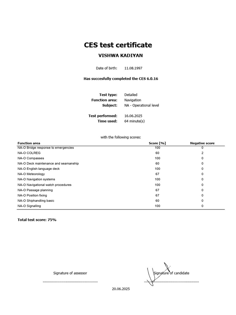 CES Test Certificate | PDF | Navigation | Shipping