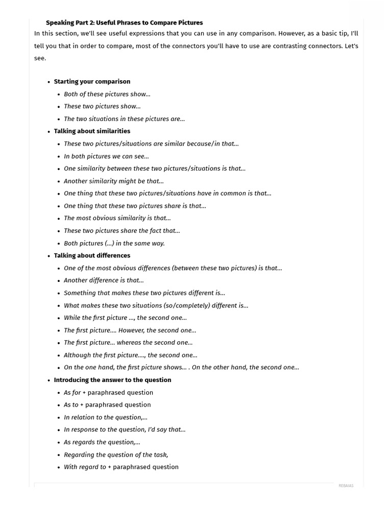 FCE B2 Speaking: Comparing Photos Tips | PDF | Question | Cognitive Science