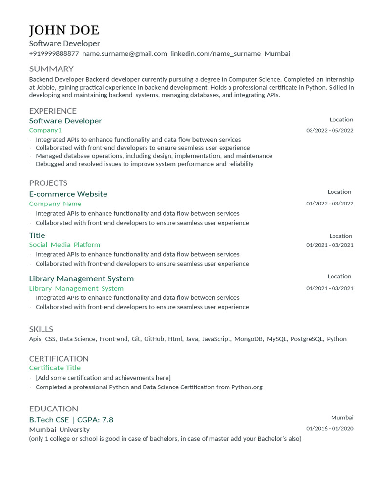 Backend Developer Resume - John Doe | PDF | Software Development ...