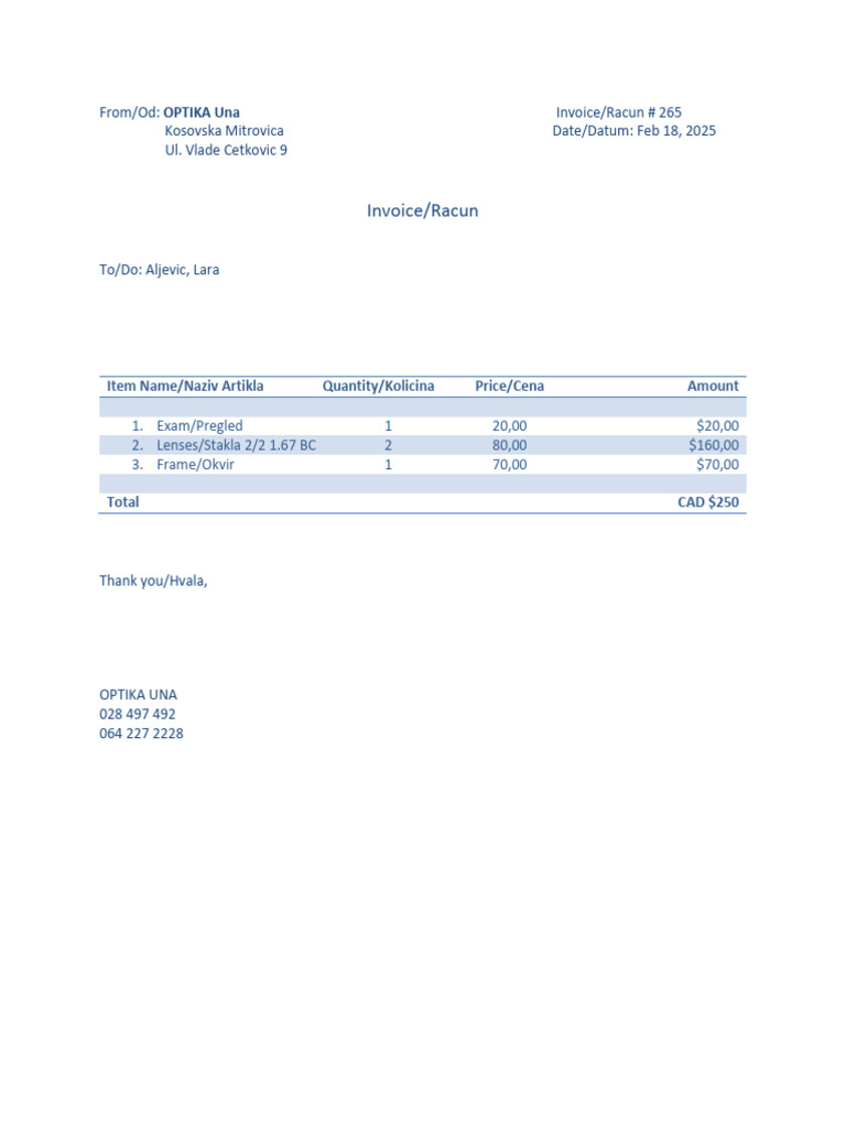 Una Optika Invoice - Lara Aljevic | PDF
