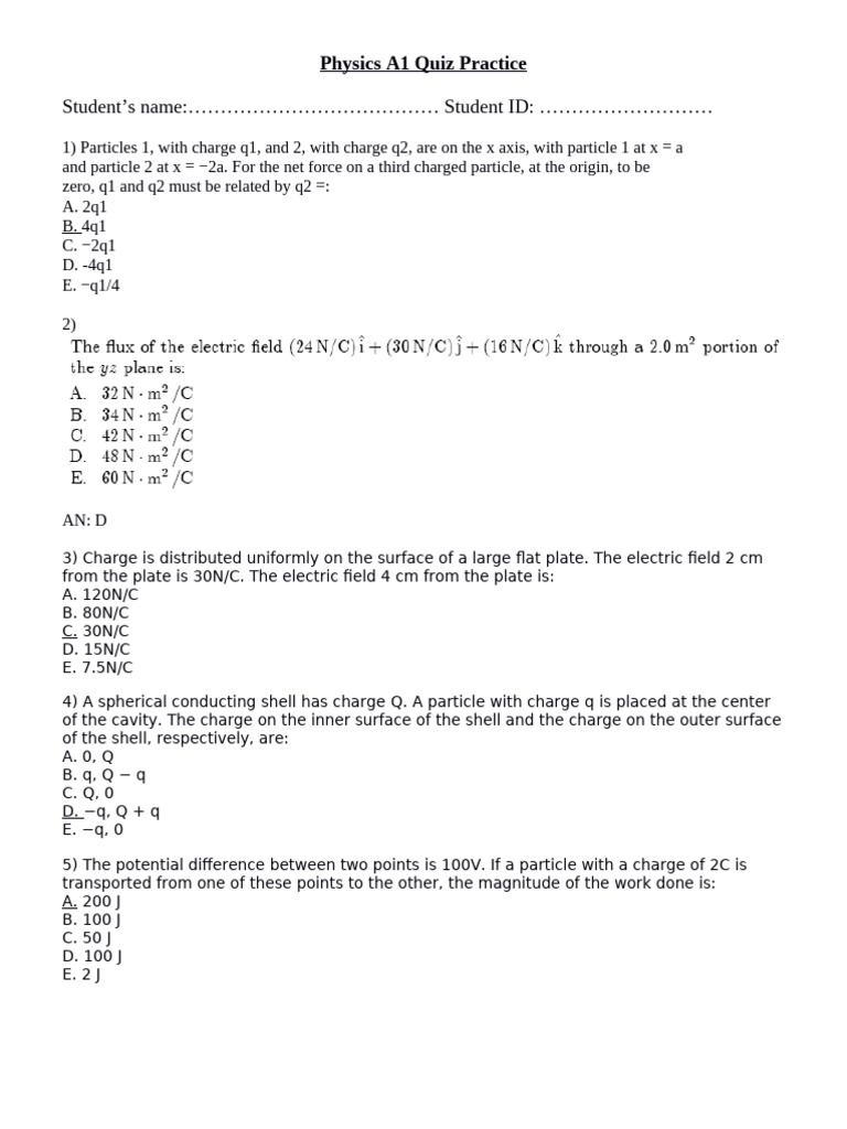 Student's Name: Student ID: : Physics A1 Quiz Practice | PDF | Electric ...