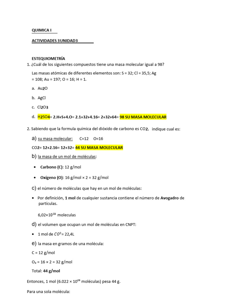 Actividades de Estequiometría en Química I | PDF | Concentración | Mole ...
