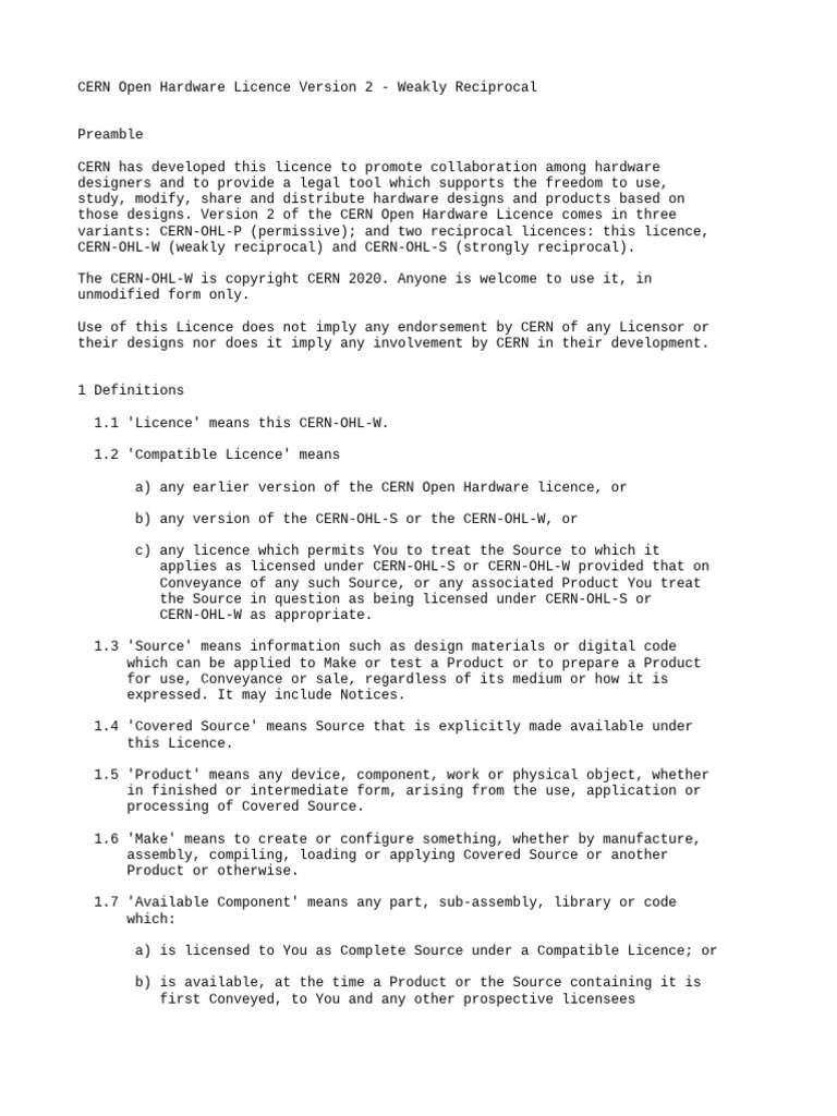 CERN Open Hardware Licence V2 - Weakly Reciprocal | PDF | License | Damages