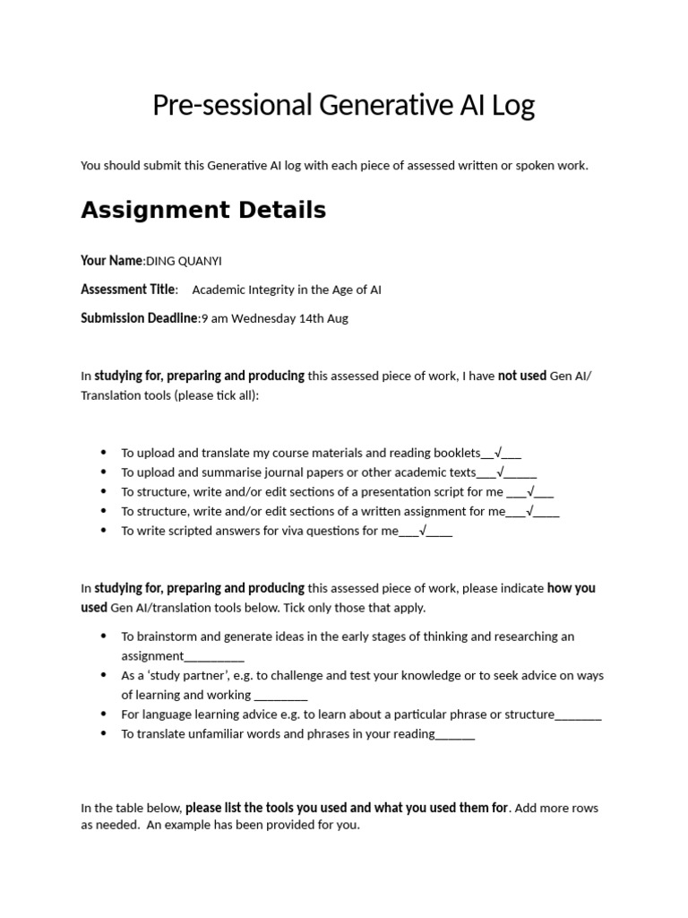 Generative AI Usage Log for Assessment | PDF | Human Communication ...