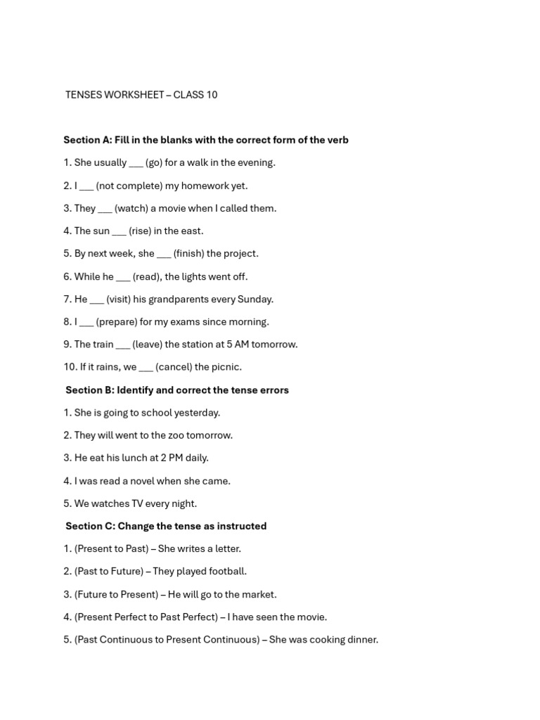 Tense Worksheet . (Document by Bhawna) | PDF