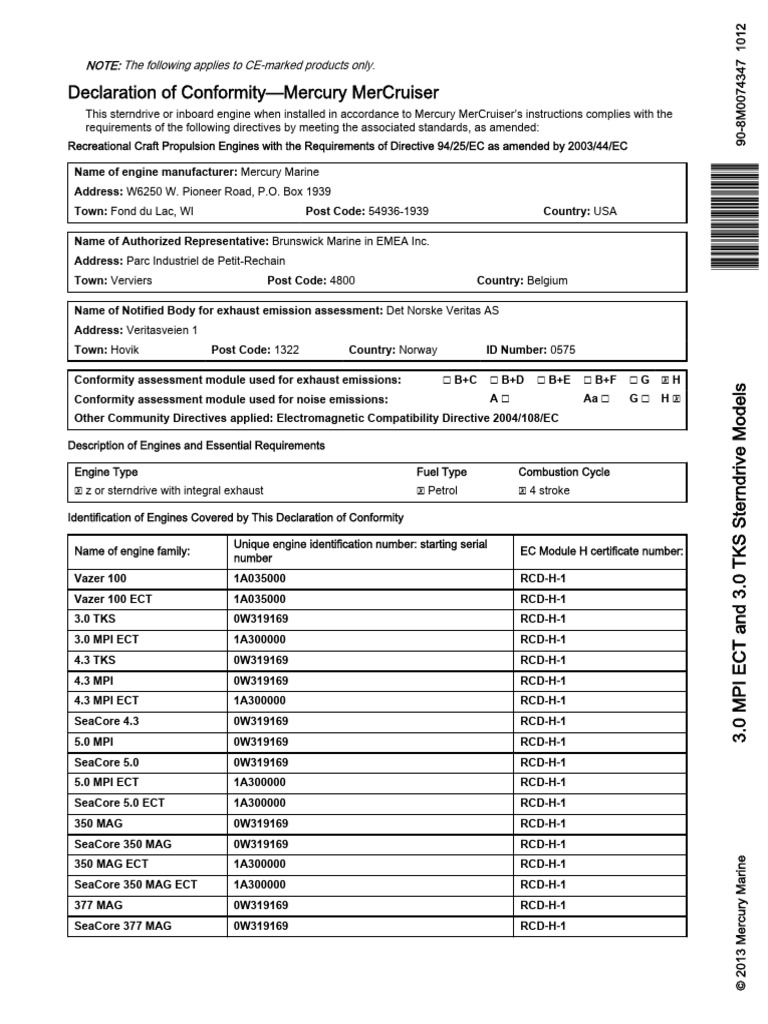 Declaration of Conformity-Mercury Mercruiser | PDF | Safety | Vehicle ...